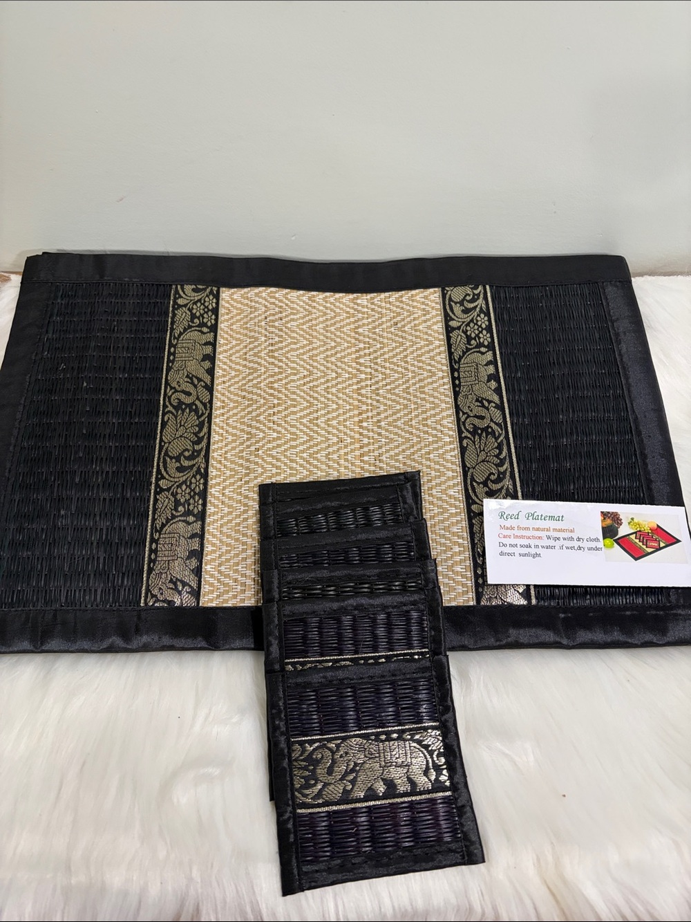 New Six Handwoven Reed Placemat and Coaster Set in Black and Natural